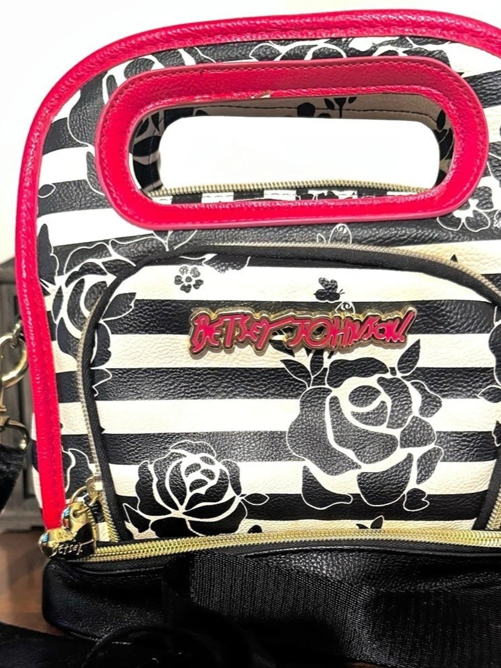 Betsey Johnson Black and White Stripe Rose Insulated Lunch Tote Cooler Bag Black
